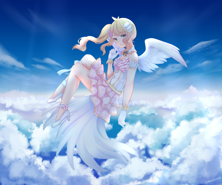 1girl above_clouds angel_wings blonde_hair closed_mouth commentary english_commentary feathered_wings floating_hair flower from_side gloves green_eyes hair_flower hair_ornament hanami_risa hand_up high_heels highres idol indie_virtual_youtuber layered_skirt looking_at_viewer looking_to_the_side one_side_up pink_flower pink_skirt skirt solo temachii virtual_youtuber white_footwear white_gloves white_wings wings