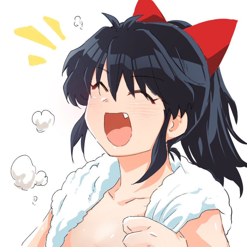 black_hair bow closed_eyes eyebrows_visible_through_hair fang hair_bow han'you_no_yashahime highres inuyasha kaho_(amal135) long_hair moroha nude open_mouth steam towel wet wet_hair