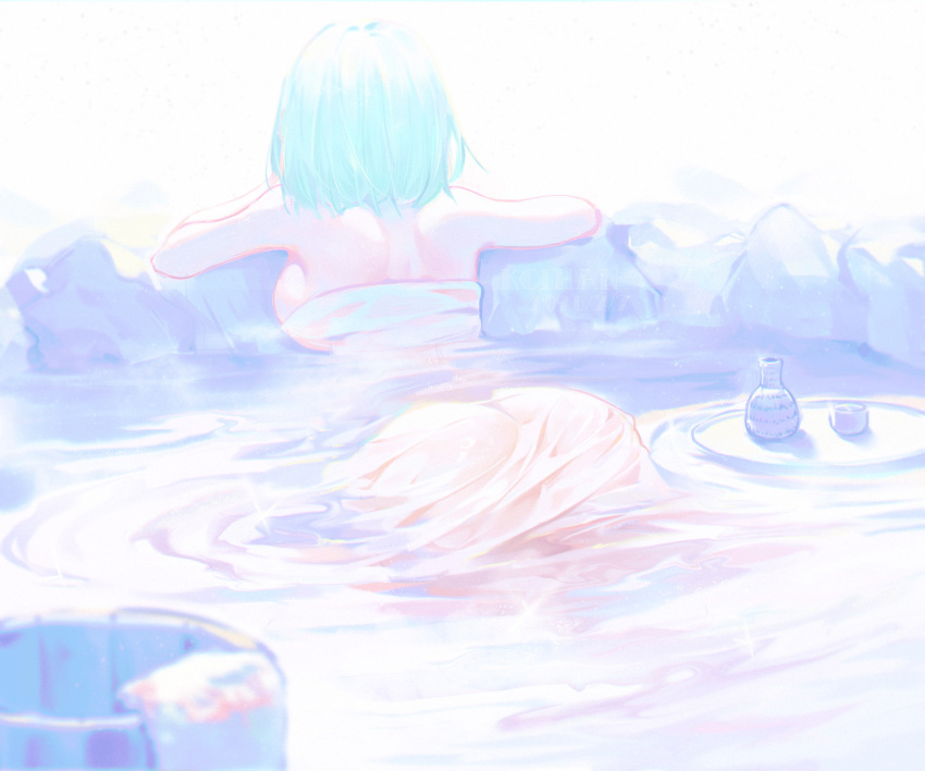 1girl alcohol aqua_hair arm_support ass blurry blurry_foreground boulder breasts bucket commentary_request depth_of_field facing_away from_behind highres koi_han large_breasts onsen original outdoors partially_submerged ripples sake see-through short_hair shoulder_blades sideboob solo sparkle tokkuri wash_cloth water wooden_bucket