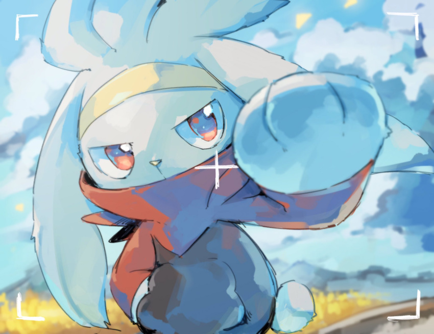 clouds commentary_request day gen_8_pokemon hand_in_pocket hand_up highres no_humans outdoors paws pokemon pokemon_(creature) raboot red_eyes sky solo takase_(takase1214) upper_body viewfinder white_fur