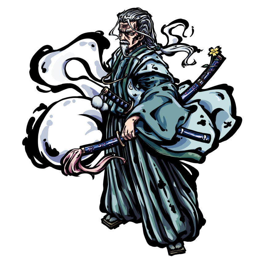 1boy antenna_hair beard blue_eyes chinese_commentary commentary_request facial_hair findzhenxin floating floating_hair flower full_body geta green_hakama green_kimono grey_hair hakama half-closed_eyes highres hitodama hitodama_print holding holding_sheath holding_sword holding_weapon japanese_clothes katana kimono konpaku_youki long_hair long_sleeves looking_at_viewer low_ponytail mustache old_man pom_pom_(clothes) scabbard sheath sheathed sideways_glance silver_hair simple_background solo standing sword tabi tassel tied_hair touhou wakizashi weapon white_background wide_sleeves wrinkles yellow_flower