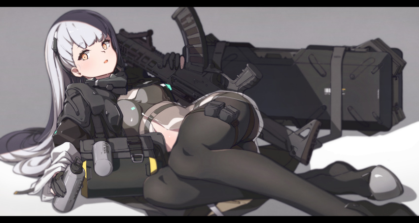 1girl ak-alfa ak-alfa_(girls_frontline) assault_rifle bangs black_gloves black_jacket black_legwear breasts english_commentary girls_frontline gloves gun gun_case headgear highres holding holding_gun holding_weapon jacket letterboxed long_hair looking_at_viewer lying on_side orange_eyes parted_lips partially_fingerless_gloves rifle shade silver_hair solo tai_san_ps4 thigh_pouch weapon