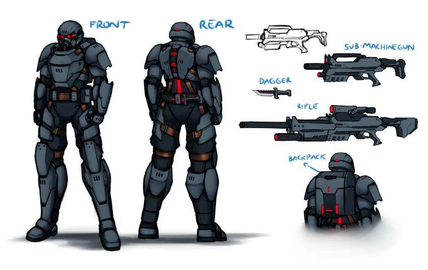 armor character_sheet commission english_commentary extra_eyes glowing glowing_eyes gun highres knife military original pinguinkotak power_armor red_eyes rifle science_fiction sniper_rifle weapon white_background