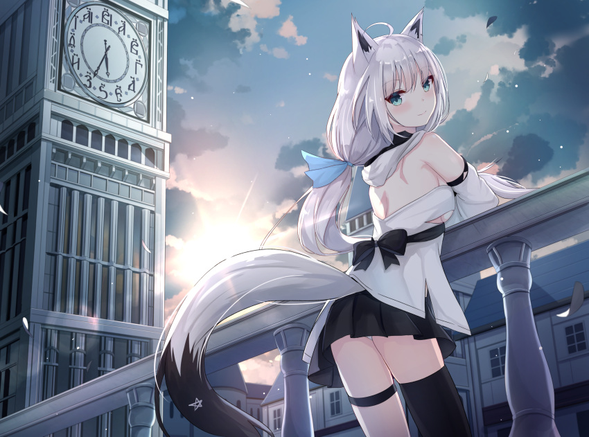1girl ahoge animal_ears bangs bare_shoulders black_skirt blush clock clock_tower clouds cloudy_sky commentary_request detached_sleeves eyebrows_visible_through_hair fox_ears fox_girl fox_tail green_eyes hair_between_eyes highres hololive leaning_on_rail long_hair looking_at_viewer looking_back panties shirakami_fubuki sidelocks single_thighhigh skirt sky smile solo sun tail thigh-highs thigh_strap touhourh tower underwear virtual_youtuber white_hair white_hoodie white_panties