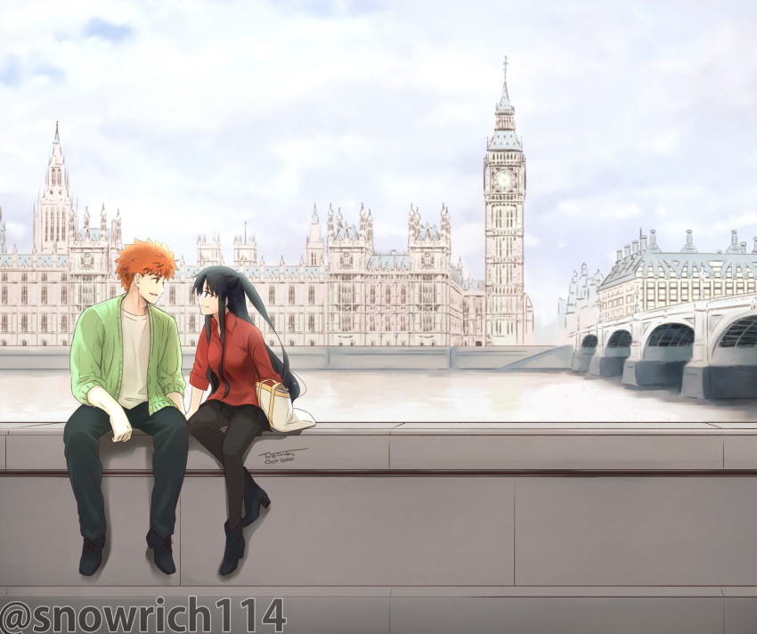 1boy 1girl black_hair black_legwear blue_eyes bridge elizabeth_tower emiya_shirou face-to-face fate/stay_night fate/unlimited_blade_works fate_(series) highres london long long_hair long_legs long_sleeves redhead short_hair smile thigh-highs thighs tohsaka_rin yellow_eyes yukako_(toyoyuki)