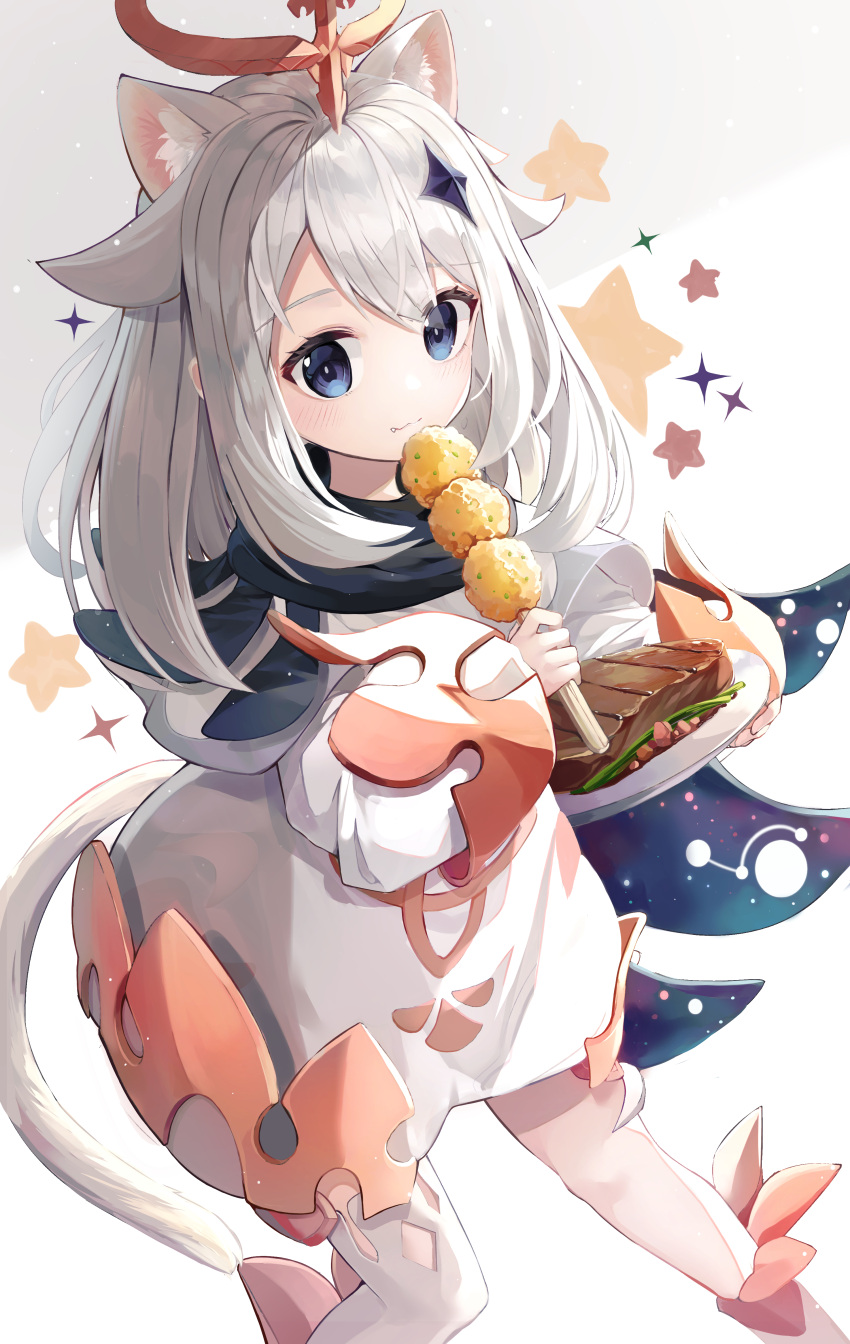1girl :3 absurdres animal_ear_fluff animal_ears animal_ears_(artist) bangs blue_eyes cat_ears cat_tail commentary dress fang fang_out food genshin_impact hair_flaps hair_ornament hairclip halo highres holding holding_food long_hair long_sleeves looking_at_viewer paimon_(genshin_impact) simple_background single_thighhigh smile solo star_(symbol) symbol_commentary tail thigh-highs white_hair white_legwear