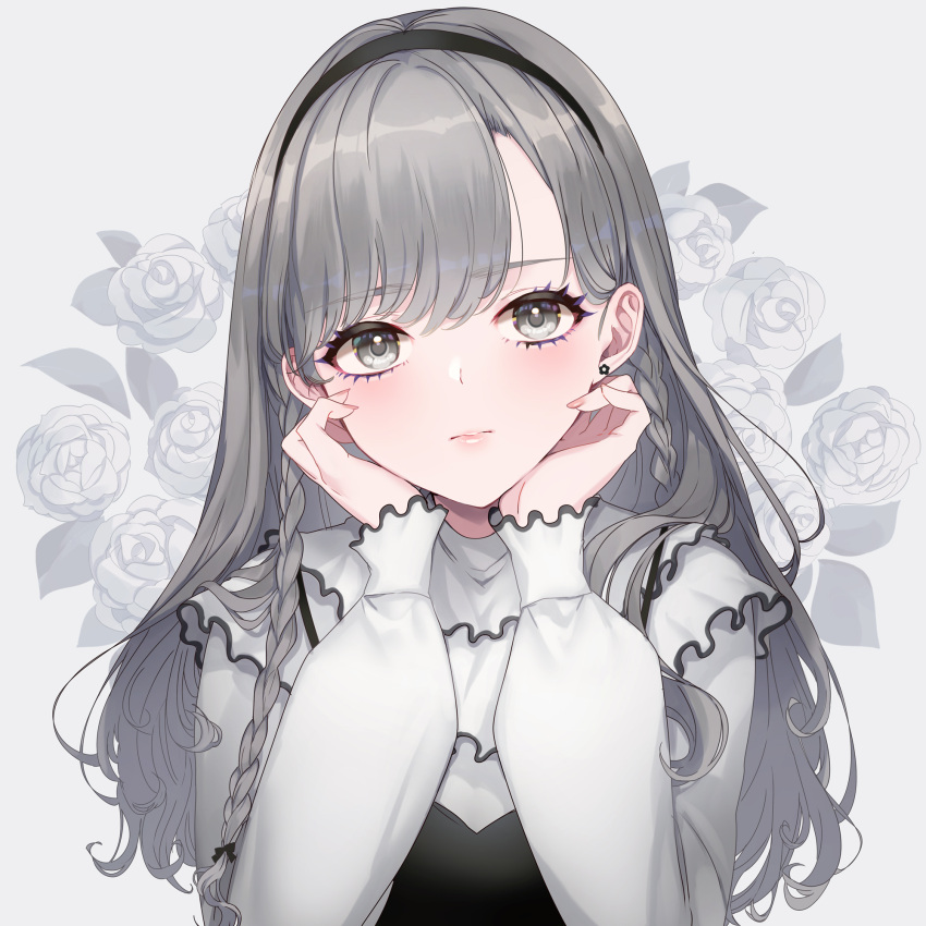 1girl bangs black_bow black_dress black_hairband blush bow braid closed_mouth dress earrings eyebrows_visible_through_hair floral_background flower_earrings grey_background grey_eyes grey_hair hair_bow hairband hands_up head_tilt highres jewelry long_hair long_sleeves looking_at_viewer neko-san_(dim.dream) original puffy_long_sleeves puffy_sleeves shirt simple_background sleeves_past_wrists solo upper_body white_shirt