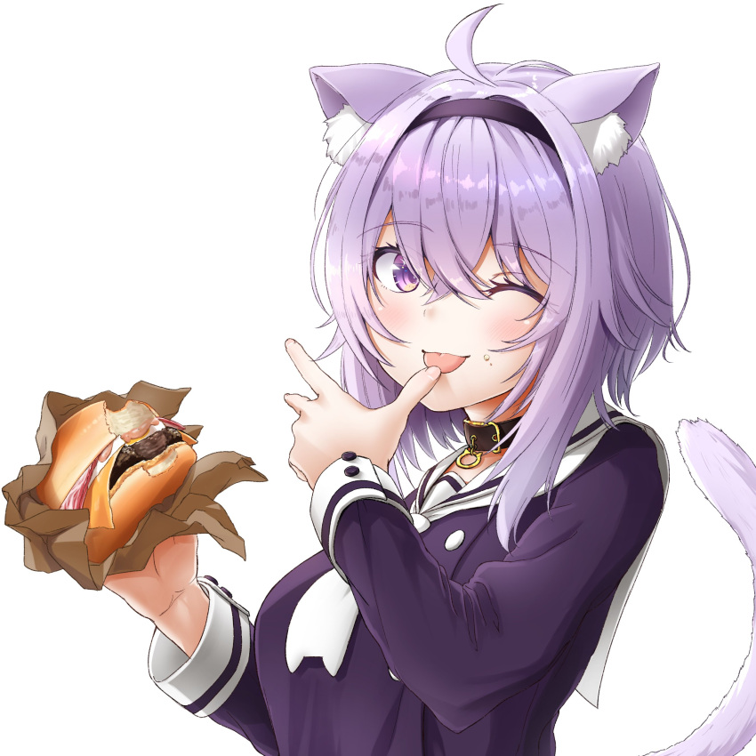 1girl absurdres ahoge animal_ear_fluff animal_ears bangs black_blouse blouse blush buttons cat_ears cat_girl cat_tail commentary_request double-breasted eating eyelashes finger_licking fingernails food hair_between_eyes hairband hamburger highres holding holding_food hololive licking long_sleeves looking_at_viewer neckerchief nekomata_okayu one_eye_closed purple_hair sailor_collar school_uniform serafuku short_hair simple_background smile solo tail takupopn_player upper_body violet_eyes virtual_youtuber white_background white_neckwear