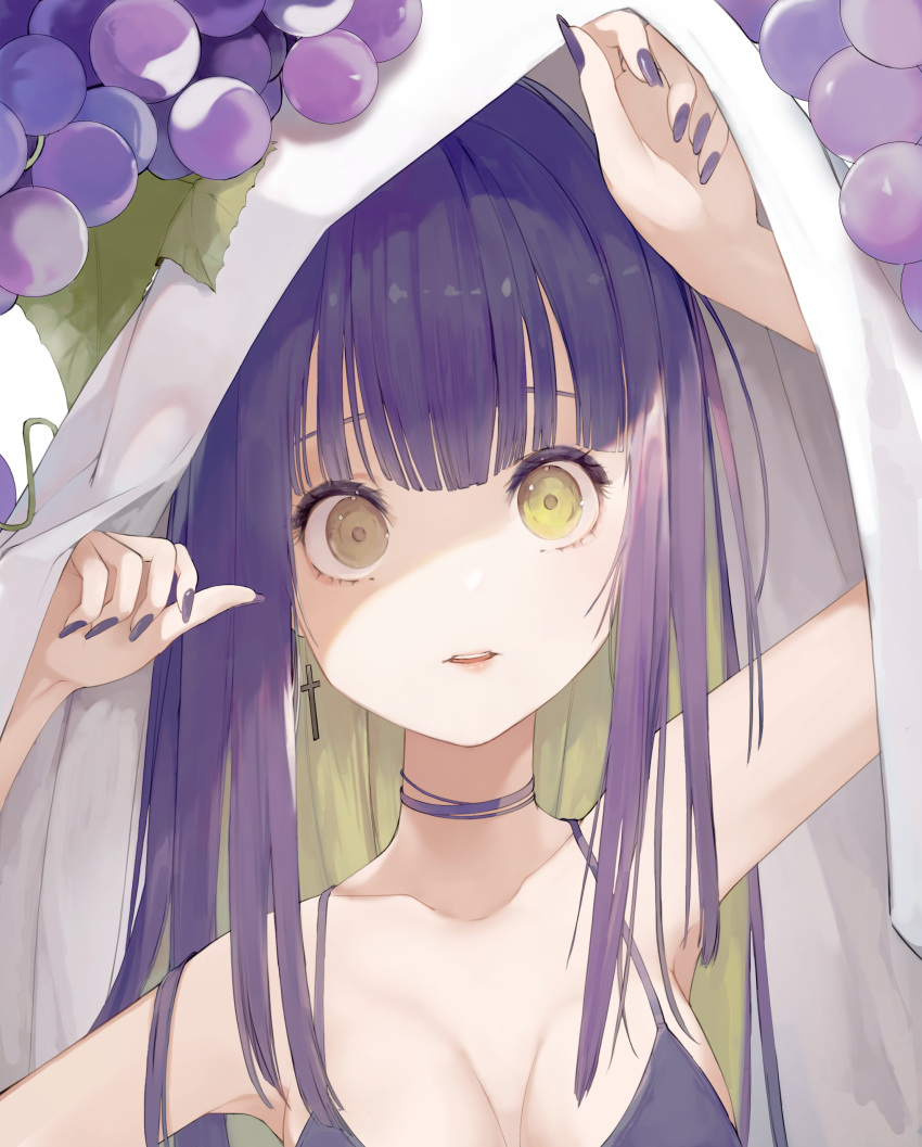 1girl absurdres bangs blonde_hair breasts choker cross cross_earrings earrings food fruit grapes highres jewelry long_hair looking_up medium_breasts mile_(mil2) open_mouth original purple_hair purple_nails yellow_eyes