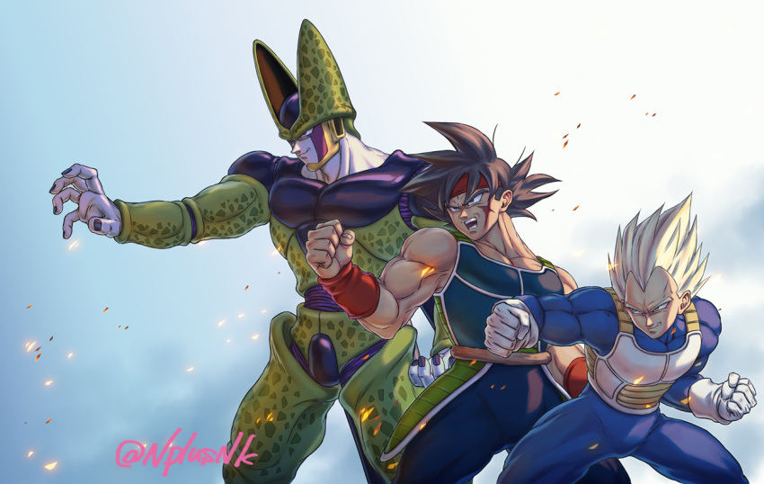 3boys armor artist_name bangs bardock black_hair black_nails blonde_hair cell_(dragon_ball) clenched_hand clenched_hands closed_mouth commentary_request dragon_ball dragon_ball_z fingernails gloves hand_up headband legs_apart male_focus multiple_boys muscle naomi_(nplusn) open_mouth perfect_cell pink_eyes red_headband red_wristband smile spiky_hair super_saiyan teeth vegeta watermark white_gloves wristband
