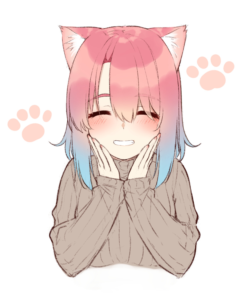 1girl ^_^ animal_ears bangs blue_hair blush brown_sweater cat_ears closed_eyes commentary_request cropped_torso eyebrows_visible_through_hair facing_viewer go-1 gradient_hair grin hair_between_eyes hair_over_one_eye hands_on_own_face hands_up highres multicolored_hair original pink_hair ribbed_sweater simple_background smile solo sweater upper_body white_background