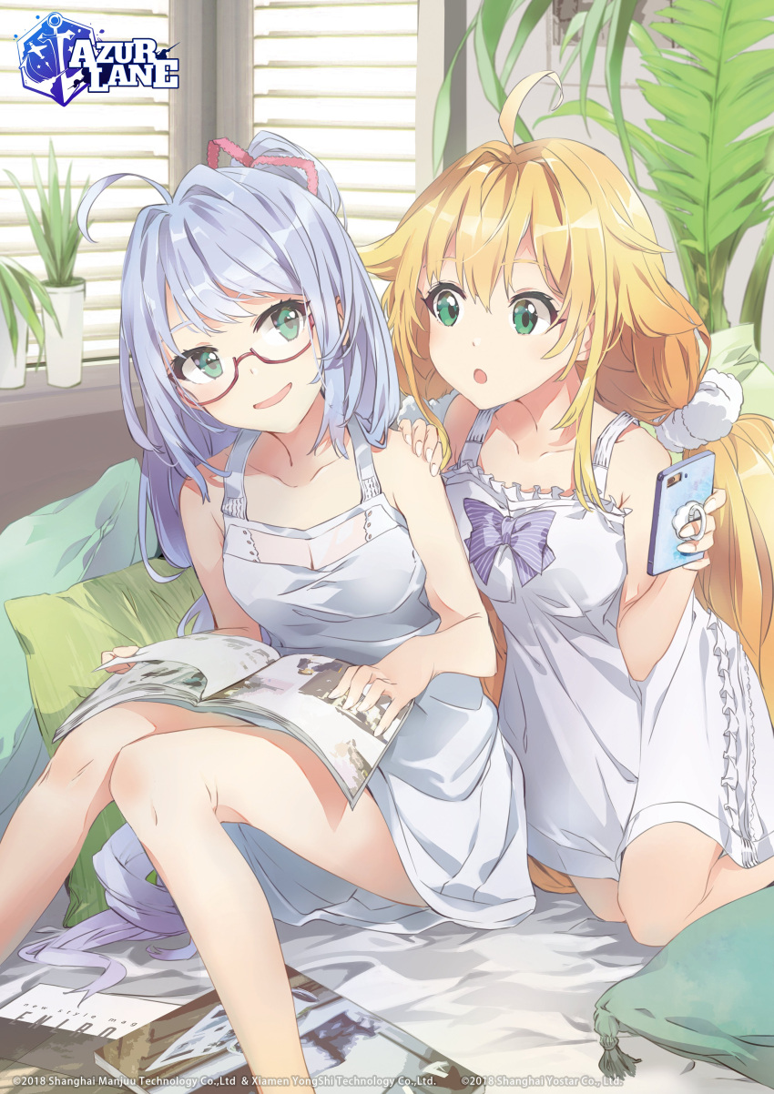 2girls absurdres ahoge azur_lane blonde_hair cellphone copyright_name glasses green_eyes highres indoors l'opiniatre_(azur_lane) le_temeraire_(azur_lane) magazine multiple_girls phone plant purple_hair siblings sisters smartphone twintails window_shade yoshito