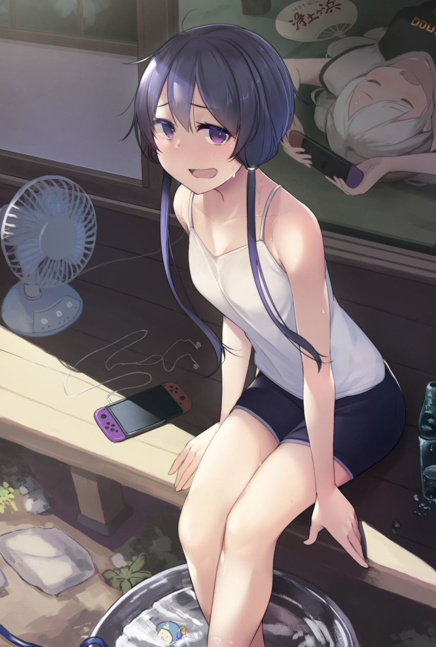 2girls architecture arms_up basin black_shorts blush bottle braid cable collarbone commentary day earphones east_asian_architecture electric_fan fan furrowed_eyebrows hair_tie handheld_game_console highres holding holding_handheld_game_console kizuna_akari kuz leaning_forward looking_at_viewer multiple_girls nervous_smile nintendo_switch open_mouth paper_fan purple_hair ramune shirt short_hair_with_long_locks shorts sidelocks sitting smile soaking_feet spaghetti_strap sweat uchiwa voiceroid white_hair white_shirt yuzuki_yukari