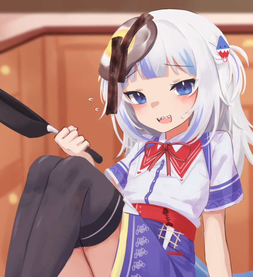 1girl :d absurdres akai_haato akai_haato_(cosplay) bangs black_legwear blue_eyes blue_hair blue_skirt blurry blurry_background blush burnt_food collar commentary cooking cosplay depth_of_field egg failure feet_out_of_frame food food_on_head frying_pan gawr_gura hair_ornament hand_up highres holding hololive hololive_english klaius looking_at_viewer multicolored_hair neck_ribbon object_on_head open_mouth red_collar red_ribbon ribbon sailor sailor_collar school_uniform sharp_teeth short_sleeves sitting skirt smile solo streaked_hair teeth thigh-highs virtual_youtuber white_hair