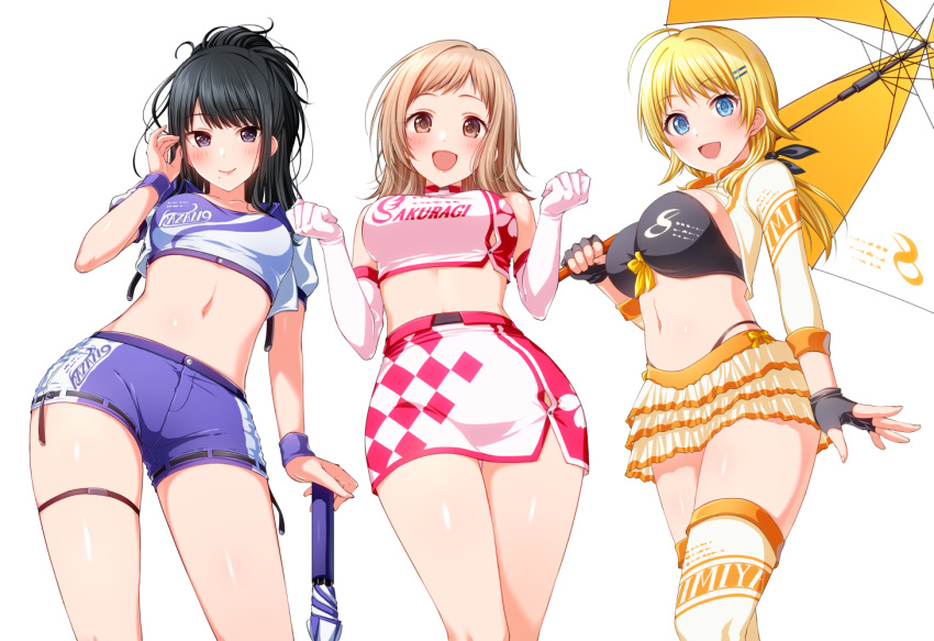 3girls :d ahoge bare_shoulders bikini bikini_top black_bikini black_hair blonde_hair blue_eyes breasts brown_eyes brown_hair checkered clothes_writing contrapposto crop_top cropped_jacket elbow_gloves frilled_skirt frills front-tie_bikini front-tie_top gloves hachimiya_meguru hair_ornament hairclip hand_up hands_up high-waist_skirt highleg holding idolmaster idolmaster_shiny_colors jacket kazano_hiori long_hair long_sleeves looking_at_viewer medium_breasts midriff miniskirt multiple_girls navel open_clothes open_jacket open_mouth ponytail purple_shorts racequeen sakuragi_mano shirt short_shorts short_sleeves shorts shrug_(clothing) simple_background skirt sleeveless sleeveless_shirt smile standing stomach swimsuit thigh-highs thigh_strap thighs turtleneck umbrella violet_eyes white_background white_gloves white_jacket white_legwear white_shirt white_skirt wristband yoyomura zettai_ryouiki