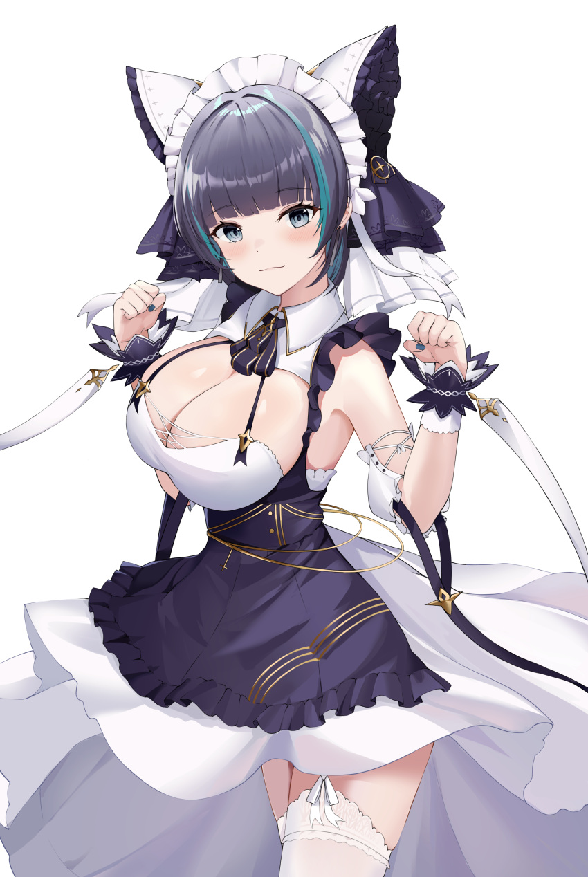 absurdres animal_ears azur_lane bangs black_hair blue_nails blunt_bangs blush breasts cheshire_(azur_lane) closed_eyes dress eyebrows_visible_through_hair fake_animal_ears frills green_eyes green_hair headdress highres large_breasts looking_at_viewer maid maid_headdress multicolored multicolored_clothes multicolored_dress multicolored_hair nail_polish paw_pose ribbon short_hair simple_background sleeveless smile standing streaked_hair thigh-highs tio_(005) white_background white_legwear white_ribbon wrist_cuffs