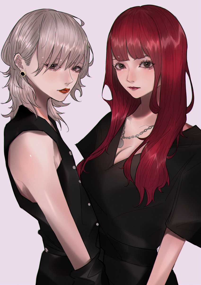 2girls absurdres aizome_karen breasts brown_eyes earrings grey_background highres huge_filesize jewelry kashii_katy leaning_back looking_at_viewer mano_aaa medium_breasts multiple_girls real_life red_lips redhead small_breasts white_hair zoc
