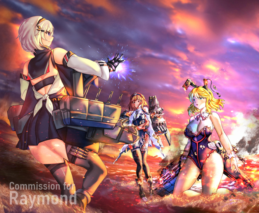 3girls anchor_hair_ornament animal_ears azur_lane bare_legs bare_shoulders birmingham_(azur_lane) black_legwear blonde_hair blood blood_from_mouth blue_eyes burning burnt cloak clothing_cutout clouds cloudy_sky crotchless crotchless_pantyhose detached_sleeves fake_animal_ears flight_deck gauntlets hair_ornament hairband highres historical_event injury iron_man kneeling knees_together_feet_apart looking_at_another marvel metal_gloves multiple_girls playboy_bunny princeton_(warship_girls_r) psychowolf rabbit_ears redhead remodel_(warship_girls_r) reno_(azur_lane) short_hair shoulder_cutout silver_hair sky standing standing_on_liquid tearing_up thigh-highs torn_clothes warship_girls_r white_cloak