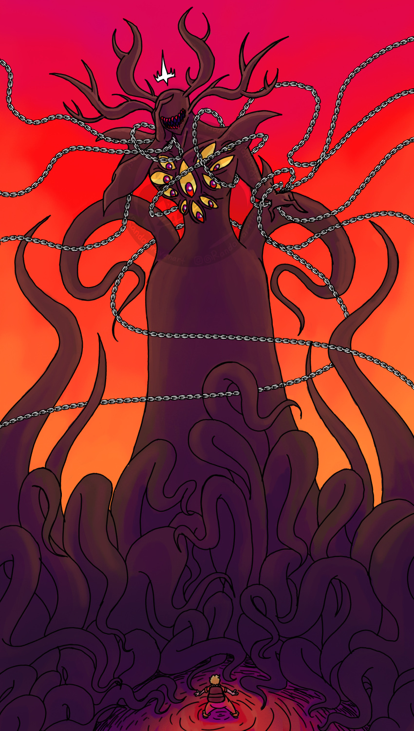 1boy absurdres chain character_request commentary crown demon_horns eldritch_abomination extra_eyes eyes giant giant_monster hands_on_own_face highres horns looking_down monster no_eyes randomravenart red_sky scarlet_king scp-507 scp_foundation size_comparison size_difference sky teeth tentacles