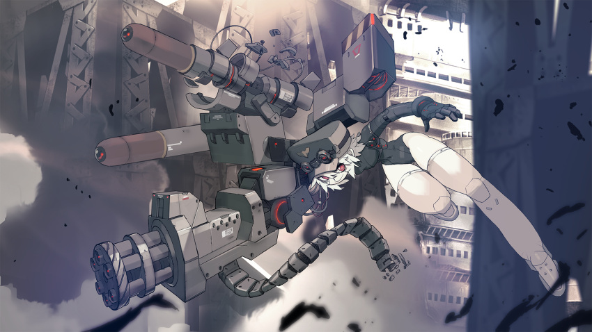 1girl black_leotard closed_mouth crusaders_quest gun highres holding holding_gun holding_weapon joints leotard looking_at_viewer machine_gun red_eyes red_pupils robot_joints rocket_launcher smile solo weapon white_hair white_skin whitebear