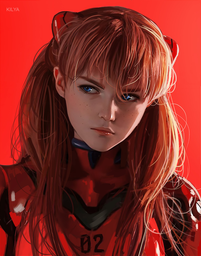 1girl artist_name bangs blue_eyes bodysuit commentary english_commentary expressionless freckles hair_ornament highres long_hair looking_to_the_side luneva_anastasiya messy_hair neon_genesis_evangelion orange_hair pilot_suit plugsuit portrait realistic red_background red_bodysuit shadow sidelighting simple_background solo souryuu_asuka_langley turtleneck two_side_up v-shaped_eyebrows