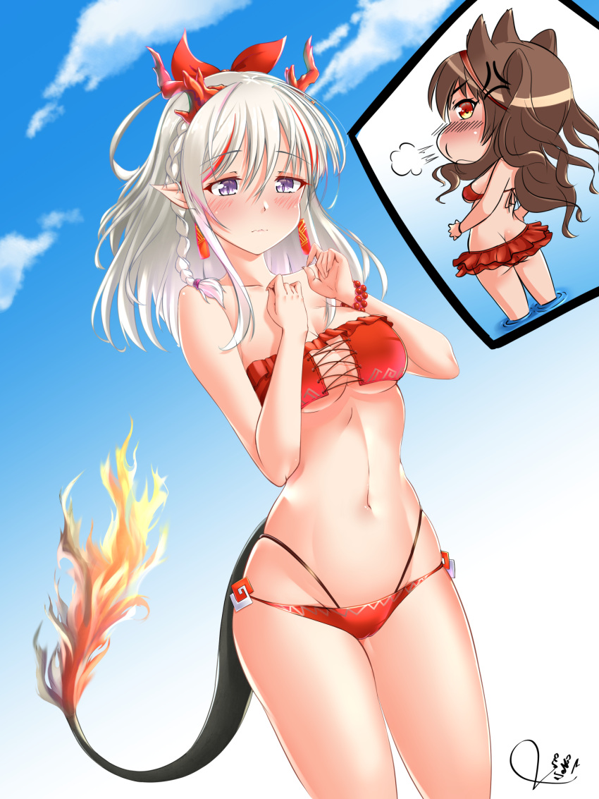 2girls angelina_(arknights) anger_vein arknights bandeau bangs bare_arms bare_shoulders bikini blue_sky braid breasts brown_hair chibi clouds commentary cowboy_shot cross-laced_clothes day eyebrows_visible_through_hair groin hair_between_eyes hair_ribbon hands_up highres horns kuro_neko_7 long_hair medium_breasts multicolored_hair multiple_girls navel nian_(arknights) outdoors pointy_ears red_bikini red_ribbon redhead ribbon silver_hair sky standing stomach strapless strapless_bikini streaked_hair swimsuit tail thighs violet_eyes