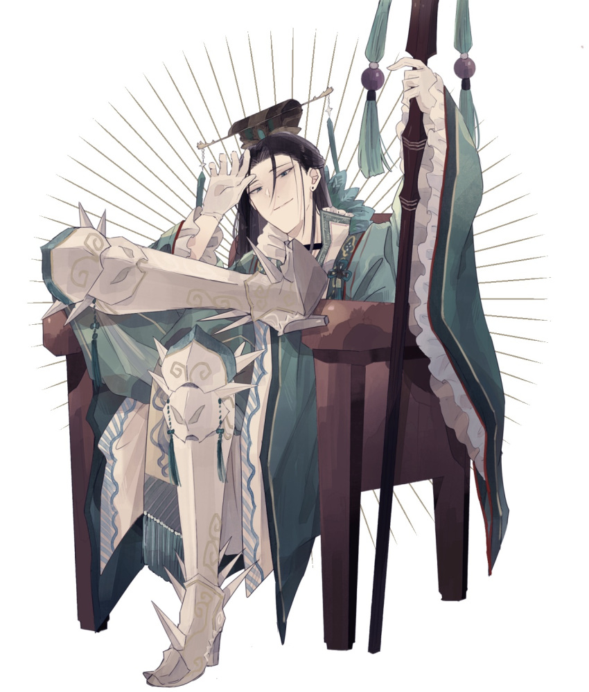 1boy black_hair boots chair chenqunpero chinese_clothes crossed_legs ear_piercing fa_zheng full_body greaves hair_ornament hair_stick highres holding holding_staff long_hair looking_at_viewer piercing romance_of_the_three_kingdoms simple_background sitting smile smug solo staff white_background wide_sleeves