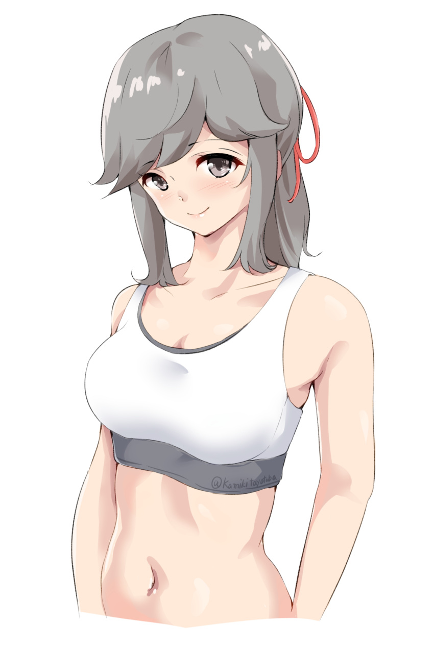 1girl alternate_breast_size breasts brown_eyes commentary_request grey_hair hair_ribbon highres kamikitayotsuba kantai_collection long_hair looking_at_viewer medium_breasts midriff navel red_ribbon ribbon sidelocks simple_background solo sports_bra usugumo_(kantai_collection) white_background white_sports_bra