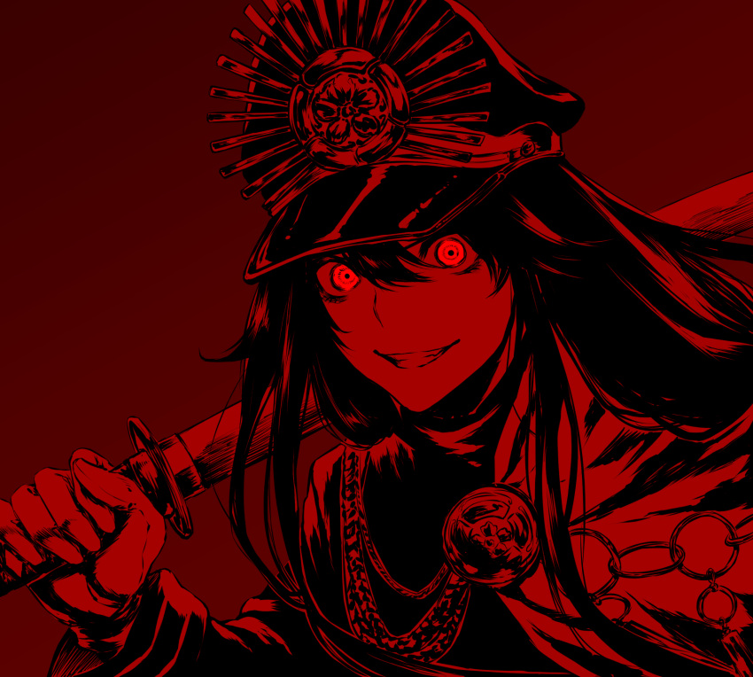 1girl fate/grand_order fate_(series) gloves grin hair_between_eyes hat highres katana long_hair looking_at_viewer monochrome mugetsu2501 oda_nobunaga_(fate) oda_nobunaga_(fate)_(all) over_shoulder peaked_cap red_background red_eyes red_theme simple_background smile solo sword sword_over_shoulder upper_body weapon weapon_over_shoulder wide-eyed