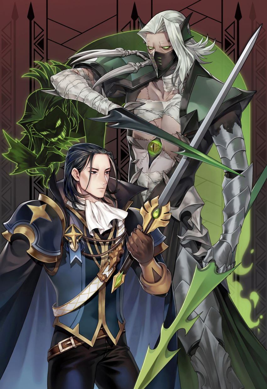 2boys absurdres black_eyes black_hair black_pants brown_background brown_gloves copyright_request cravat dual_wielding gauntlets ghost gloves green_eyes highres holding holding_sword holding_weapon mask multiple_boys no_pupils pants pointy_ears standing stitches sword weapon white_hair winter_(winter168883)