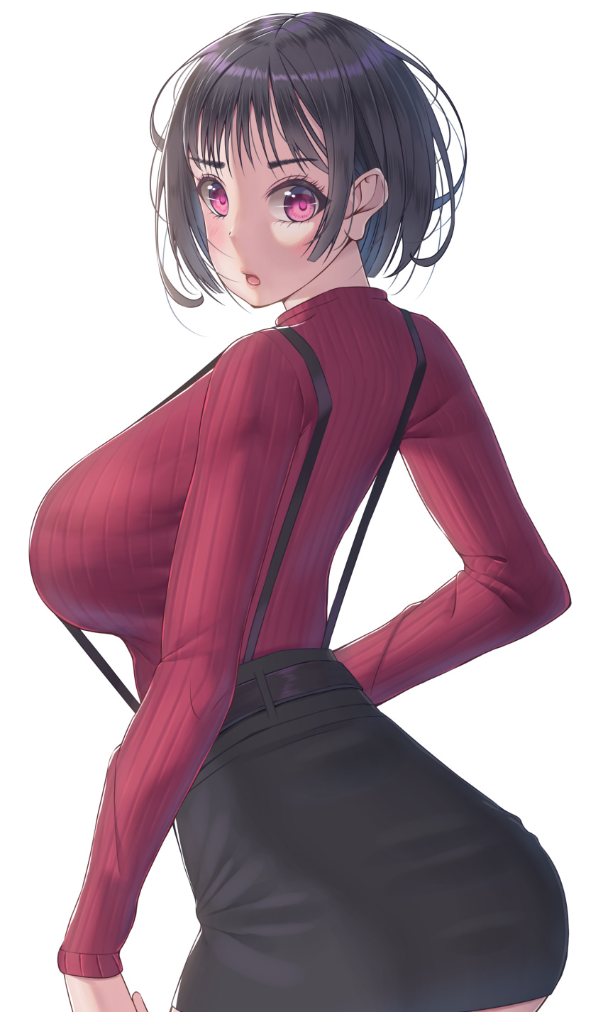 1girl absurdres arched_back ass back backlighting bangs belt black_hair black_skirt blush breasts from_behind high-waist_skirt highres himeliofon large_breasts looking_at_viewer looking_back open_mouth original pencil_skirt red_sweater ribbed_sweater short_hair simple_background skirt solo standing suspender_skirt suspenders sweater violet_eyes