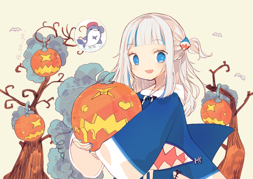 1girl :d bangs bare_tree bloop_(gawr_gura) blue_eyes blue_hair blue_hoodie blue_nails brown_background commentary drawstring eyebrows_visible_through_hair gawr_gura hair_ornament highres holding hololive hololive_english hood hood_down hoodie jack-o'-lantern long_hair long_sleeves looking_at_viewer multicolored_hair nail_polish open_mouth saya_(sayaya) sharp_teeth simple_background sleeves_past_wrists smile streaked_hair symbol_commentary teeth tree twitter_username two_side_up virtual_youtuber white_hair wide_sleeves