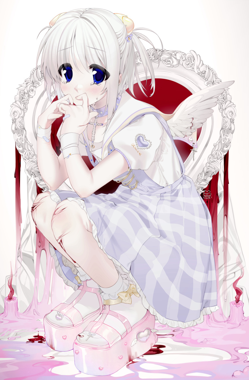 1girl artist_name bandaged_wrist bandaid bandaid_on_arm bandaid_on_hand bleeding blood blue_bow blue_collar blue_dress blue_eyes blush bow candle collar cross crying crying_with_eyes_open cuts daisy dress eyebrows_visible_through_hair feathered_wings fire flower frilled_dress frilled_legwear frills gold hand_to_own_mouth heart highres injury jewelry kneeling laces mini_wings original pearl_(gemstone) pinafore_dress pink_footwear plaid plaid_bow plaid_dress platform_footwear red_fire sailor_collar sandals sculpture shirt short_hair socks tears two_side_up unxi white_hair white_sailor_collar white_shirt wings yellow_bow