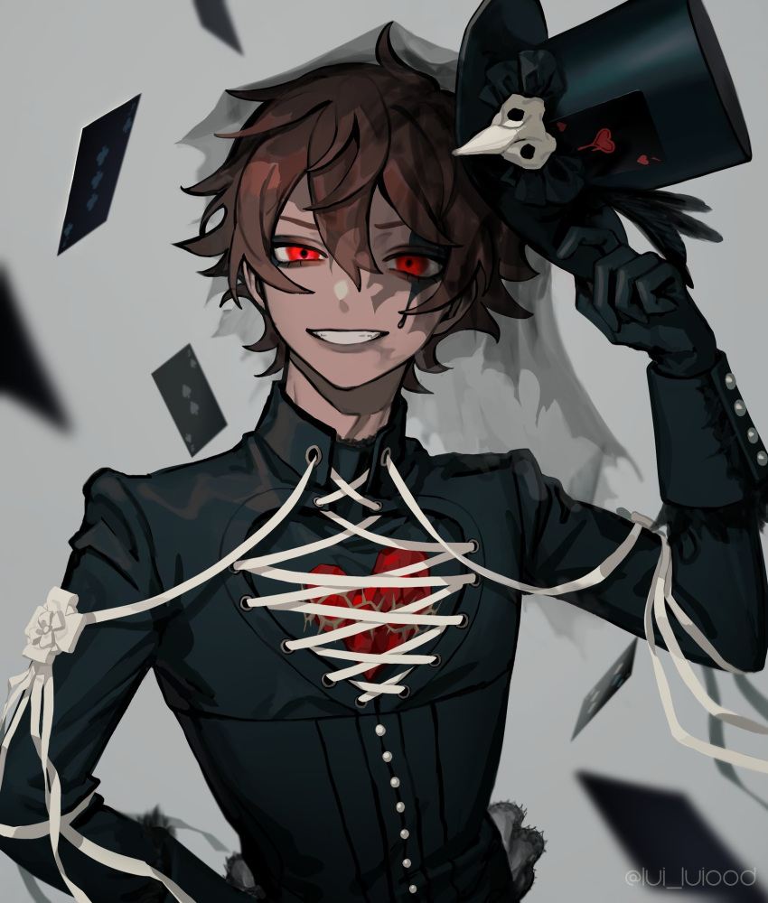 1boy ace_trappola alternate_costume bangs facial_tattoo grin hair_between_eyes halloween_costume hat highres long_sleeves looking_at_viewer male_focus plague_doctor_mask red_eyes redhead ribbon short_hair smile tattoo top_hat twisted_wonderland uida_rui