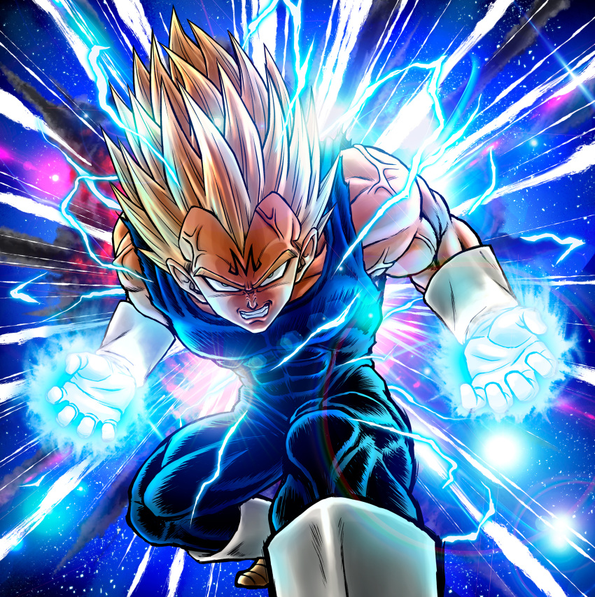 1boy blonde_hair bodysuit boots clenched_teeth commentary_request covered_abs dragon_ball dragon_ball_z energy facial_mark forehead_mark gloves glowing highres looking_at_viewer majin_vegeta male_focus muscle solo spiky_hair studio_viga teeth vegeta veins white_footwear white_gloves