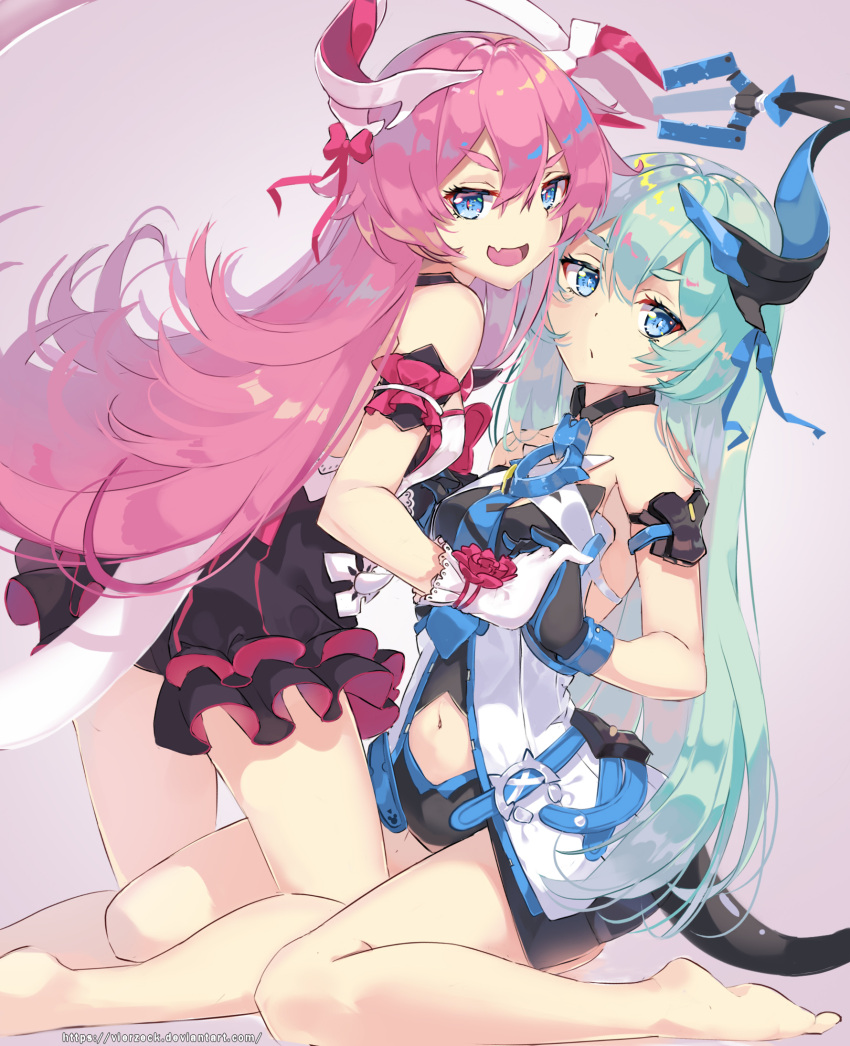 2girls bangs bare_legs benghuai_xueyuan blue_eyes blue_hair blue_ribbon dress fang frilled_dress frills hair_between_eyes hair_ribbon highres holding_hands honkai_(series) honkai_impact_3rd long_hair multiple_girls navel pink_hair pink_ribbon ribbon seiza siblings sitting twins vierzeck