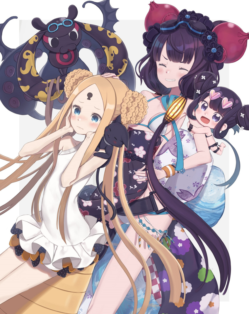 3girls :d abigail_williams_(swimsuit_foreigner)_(fate) animal bangs bikini black_bow blue_eyes blush bow braid breasts casual_one-piece_swimsuit chibi commentary double_bun dual_persona dutch_angle eyebrows_visible_through_hair fate/grand_order fate_(series) floral_print goggles goggles_on_head grey_background hands_on_own_face hands_up highres katsushika_hokusai_(swimsuit_saber)_(fate) keyhole light_brown_hair long_hair looking_at_viewer looking_away low_twintails medium_breasts multiple_girls octopus one-piece_swimsuit open_mouth orange_bow parted_bangs polka_dot polka_dot_bow purple_hair smile swimsuit symbol_commentary tokitarou_(fate/grand_order) totatokeke twintails two-tone_background v-shaped_eyebrows very_long_hair violet_eyes white_background white_bikini white_swimsuit