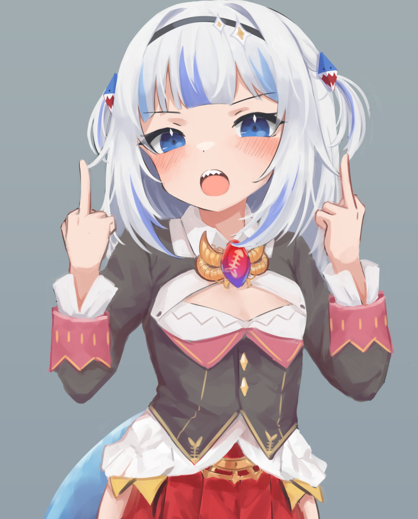1girl :o absurdres bangs blue_eyes blue_hair blush commentary cosplay double_middle_finger eyebrows_visible_through_hair flat_chest gawr_gura grey_background hair_ornament highres hololive hololive_english kiryuu_coco kiryuu_coco_(cosplay) klaius looking_at_viewer middle_finger multicolored_hair open_mouth sharp_teeth short_hair simple_background skirt smile solo streaked_hair teeth thigh-highs virtual_youtuber white_hair