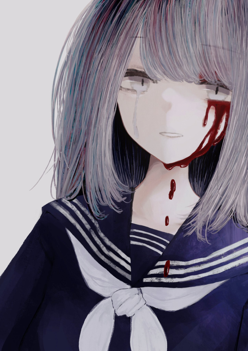 1girl bad_id bad_twitter_id blood bloody_tears blue_hair blue_unitard crying dripping eyebrows_visible_through_hair grey_background grey_eyes grey_hair highres medium_hair multicolored multicolored_hair nurie7 original parted_lips purple_hair school_uniform serafuku simple_background smile solo uniform upper_body white_neckwear