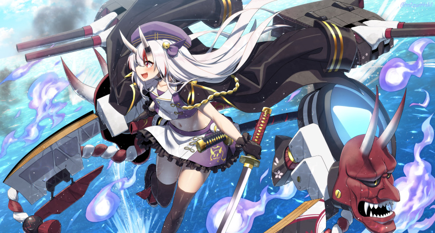 1girl azur_lane bell beret black_jacket blush commentary_request crop_top eyebrows_visible_through_hair floating_hair hair_bell hair_between_eyes hair_ornament hat highres holding holding_sword holding_weapon hololive horns jacket katana long_hair looking_away midriff mizunashi_(second_run) multicolored_hair nakiri_ayame navel ocean oni_horns oni_mask open_clothes open_jacket open_mouth purple_shirt purple_skirt red_eyes redhead rigging shirt silver_hair skirt solo sword two-tone_hair virtual_youtuber weapon