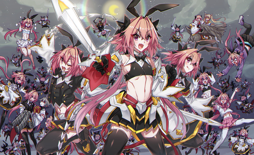 &gt;:( &gt;o&lt; /\/\/\ 1girl 2boys :d :q ;) ;d =_= ahoge alternate_costume alternate_legwear androgynous animal_ears armor armored_skirt astolfo_(fate) astolfo_(saber)_(fate) bikini black_bow black_gloves black_legwear black_neckwear black_ribbon blonde_hair blue_eyes blush bow bowtie bradamante_(fate/grand_order) braid brown_pants carrying cloak clouds commentary_request crescent_moon crop_top crown_braid detached_sleeves falling fang fate/apocrypha fate/grand_order fate_(series) flailing frown fur-trimmed_cloak fur_trim gift gloves grey_hair hair_intakes haoro heart-shaped_mouth highres hippogriff holding holding_gift holding_sword holding_weapon layered_skirt lens_flare long_braid long_hair long_sleeves looking_at_another looking_at_viewer low_twintails male_focus memories_at_trifas moon multicolored_hair multiple_boys multiple_views navel night night_sky o_o one_eye_closed open_mouth pajamas pants partial_commentary pauldrons pink_hair pink_skirt princess_carry rabbit_ears red_eyes red_sailor_collar ribbon riding sailor_collar school_uniform serafuku shirt shoes shoulder_armor sieg_(fate/apocrypha) single_braid skin_fang skirt skirt_tug sky smile solid_circle_eyes star_(sky) stomach streaked_hair striped striped_pants sweat swimsuit sword tears thigh-highs tongue tongue_out twintails very_long_hair violet_eyes weapon whip_sword white_hair white_legwear white_shirt wide_sleeves wing_collar