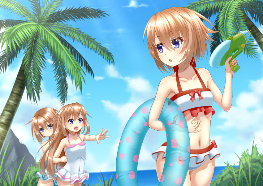 3girls :d :o bangs bare_arms bare_shoulders bikini blanc blue_eyes blush breasts brown_hair casual_one-piece_swimsuit choujigen_game_neptune closed_mouth collarbone commentary_request covered_navel day eyebrows_visible_through_hair frilled_bikini frills hair_between_eyes hiding holding horizon innertube long_hair multiple_girls navel neptune_(series) ocean one-piece_swimsuit open_mouth outdoors palm_tree parted_lips ram_(neptune_series) rom_(neptune_series) sakaki_jin'ya short_hair siblings sisters small_breasts smile swimsuit tree very_long_hair water water_gun white_bikini white_swimsuit