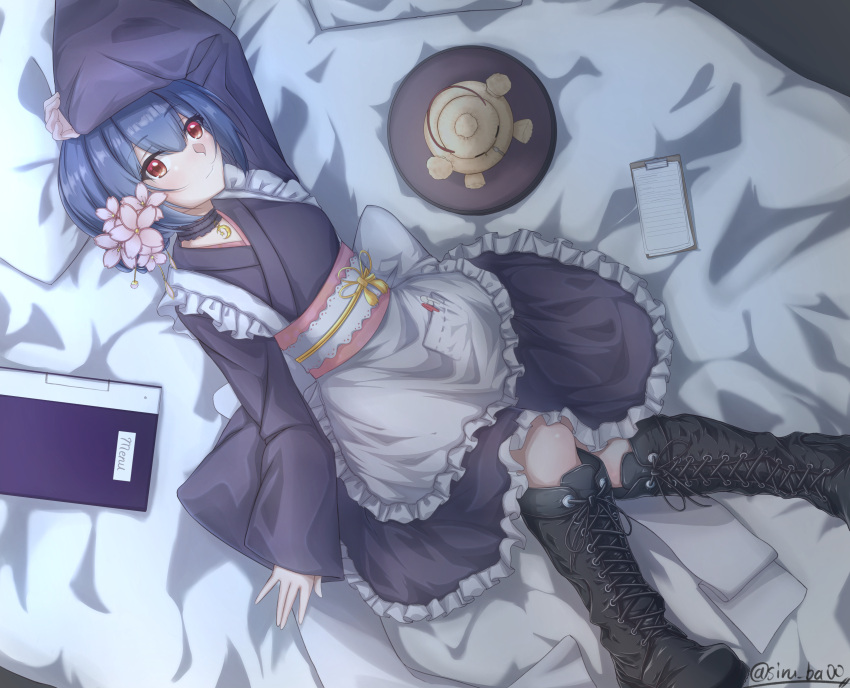 1girl absurdres apron bedroom blue_hair blush boots collar flower hair_bun hair_flower hair_ornament highres idolmaster idolmaster_shiny_colors indoors kagin_(kagou_shita_nanika) looking_at_viewer lying maid morino_rinze on_back on_bed pillow pocket red_eyes short_hair solo stuffed_toy wa_maid waitress