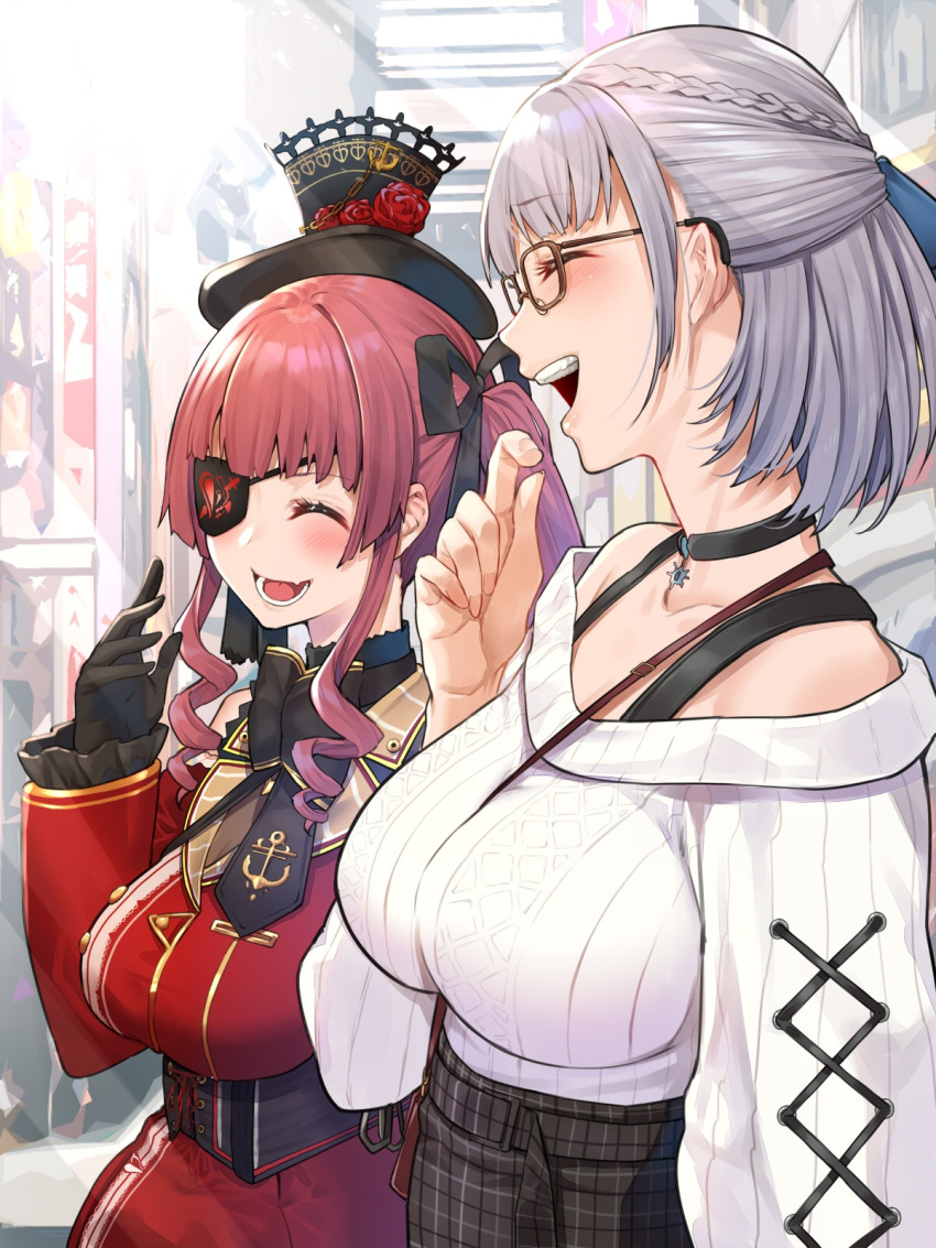 2girls bangs black_choker black_eyepatch black_gloves black_headwear black_neckwear blush bow bowtie breasts choker closed_eyes commentary_request dress eyebrows_visible_through_hair eyepatch from_side glasses gloves hair_ribbon half_updo hat highres hololive hololive_fantasy houshou_marine large_breasts laughing mikan_(chipstar182) multiple_girls open_mouth pirate pirate_costume plaid plaid_skirt red_dress red_skirt redhead ribbon shirogane_noel short_hair sidelocks skirt sweater twintails virtual_youtuber white_sweater
