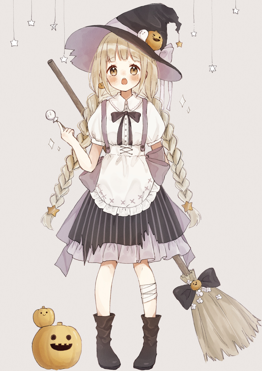 1girl :o absurdres apron arm_behind_back bangs black_bow black_footwear black_headwear black_skirt blush boots bow braid broom brown_eyes brown_hair commentary_request eyebrows_visible_through_hair frilled_apron frills full_body grey_background hand_up hat highres jack-o'-lantern long_hair low_twintails open_mouth original pigeon-toed shano-pirika simple_background skirt solo standing star_(symbol) striped suspender_skirt suspenders torn_clothes torn_hat twin_braids twintails upper_teeth vertical-striped_skirt vertical_stripes very_long_hair waist_apron white_apron witch witch_hat