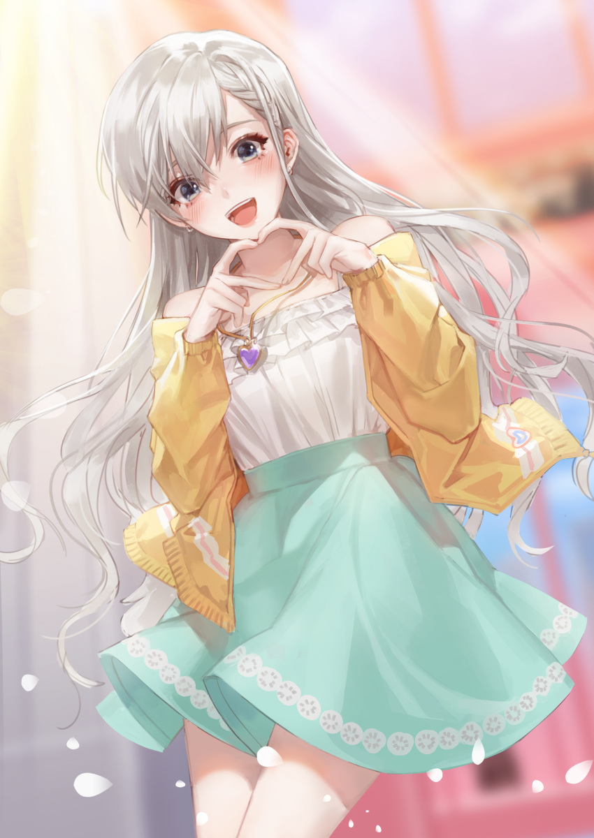 1girl :d absurdres aqua_skirt blush dress earrings green_eyes grey_hair heart heart_hands heart_necklace highres hisakawa_hayate idolmaster idolmaster_cinderella_girls idolmaster_cinderella_girls_starlight_stage jewelry long_hair looking_at_viewer open_mouth petals skirt smile solo sowb standing thighs white_hair