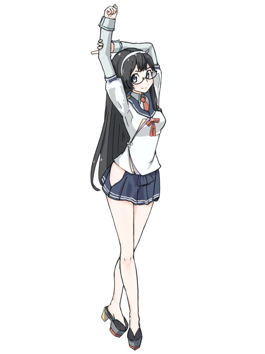 1girl arms_up bare_legs black_hair blue_sailor_collar blue_skirt ceroliz commentary_request crossed_legs glasses green_eyes hairband highres hip_vent kantai_collection long_hair looking_at_viewer necktie ooyodo_(kantai_collection) platform_footwear pleated_skirt red_neckwear sailor_collar school_uniform semi-rimless_eyewear serafuku simple_background skirt solo standing under-rim_eyewear white_background