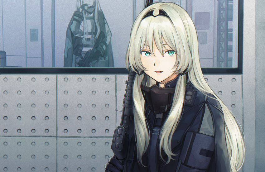 2girls aimai-me ak-12_(girls_frontline) an-94_(girls_frontline) aqua_eyes assault_rifle bangs commentary_request dm_owr girls_frontline gun hairband head_out_of_frame highres indoors jacket long_hair looking_at_viewer mask mirror multiple_girls open_mouth platinum_blonde_hair pouch reflection rifle sidelocks silver_hair tactical_clothes weapon