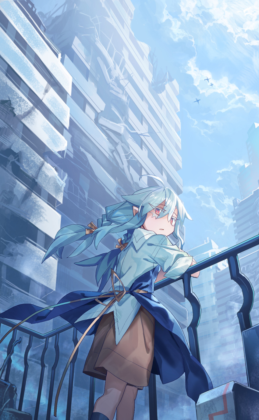 1girl against_railing ahoge apron ari_(shichigatsu) black_legwear blue_apron blue_sky braid brown_shorts building clouds cloudy_sky from_behind grey_shirt highres looking_at_viewer looking_back original parted_lips post-apocalypse railing ruins shichigatsu shirt short_sleeves shorts simple_background sky skyscraper socks standing twin_braids