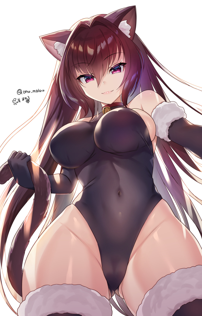 1girl :3 animal_ears bell bell_choker black_gloves black_legwear black_leotard breasts brown_hair cat_ears cat_girl cat_tail choker commentary_request covered_navel elbow_gloves fate/grand_order fate_(series) fur_trim gloves hair_between_eyes hair_intakes hanasaki_mahiru highres large_breasts leotard long_hair looking_at_viewer pink_eyes red_choker scathach_(fate)_(all) scathach_(fate/grand_order) sideboob smile solo tail thigh-highs twitter_username very_long_hair